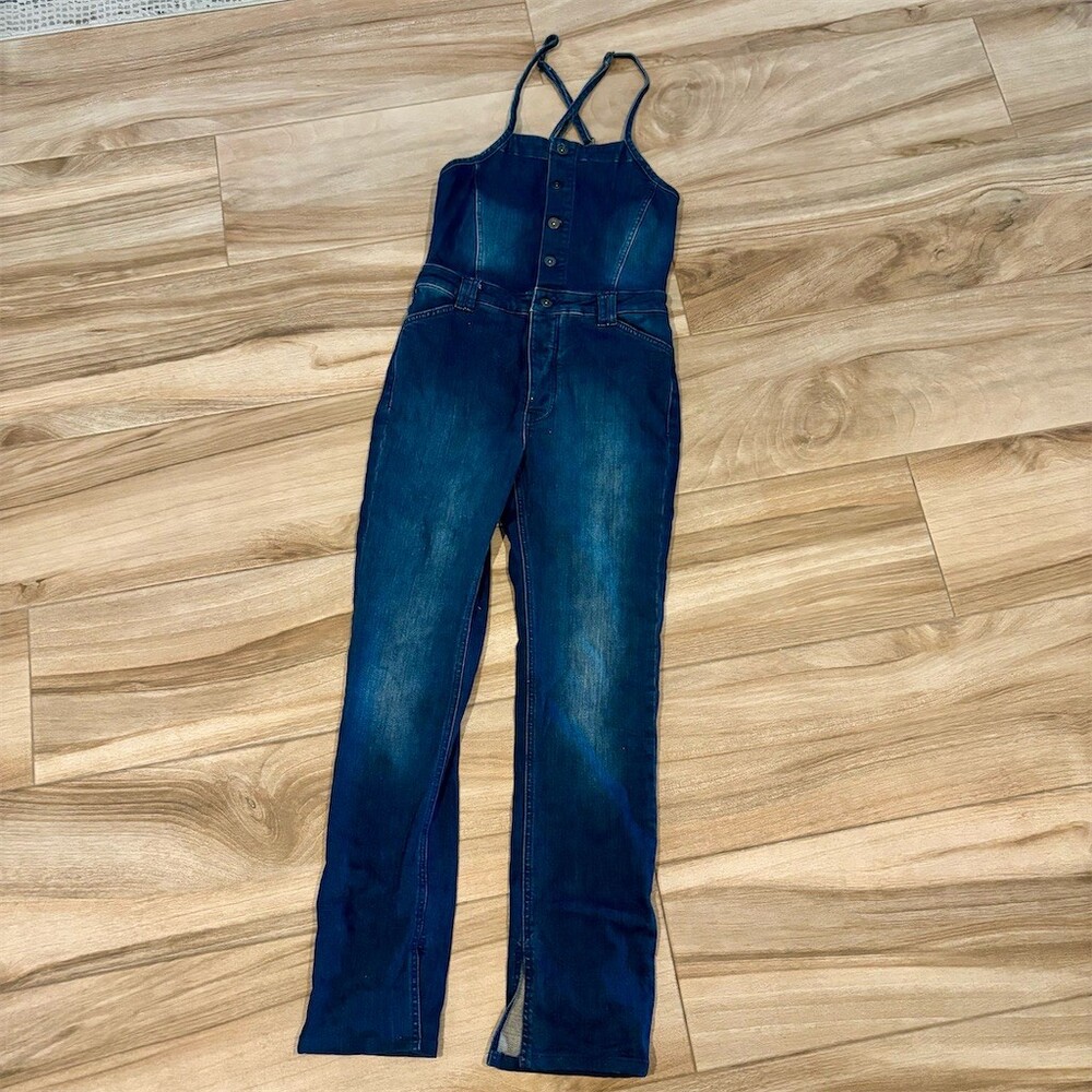 Pilcro Womens Denim Jumpsuit Blue Size M Crossback Button Front Flare Leg
